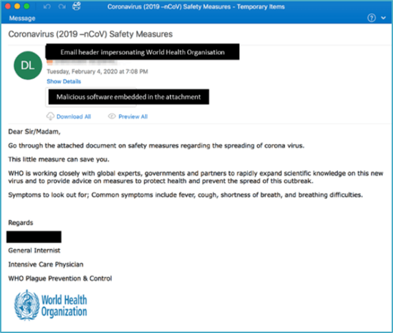 Example COVID-19 phishing message pretending to be international health sector organisation