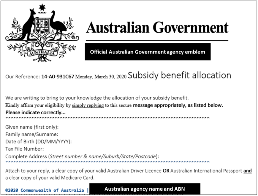 Example of phishing email pretending to come from government