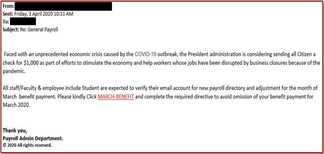 Example of economic stimulus payment phishing email