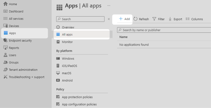 Screenshot of a user adding a new application in the Microsoft Intune admin centre. 