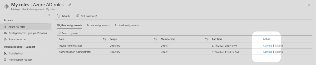 A screenshot of a user activating eligible administrator roles from the Privileged Identity Management page 