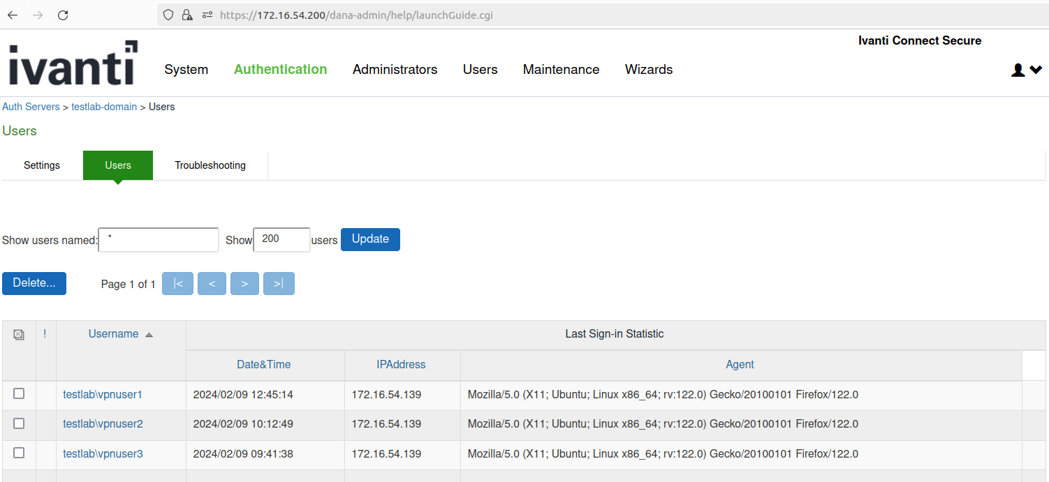 Figure 12: Inactive Sessions for “vpnuser2” and “vpnuser3” Appear in Server Logs