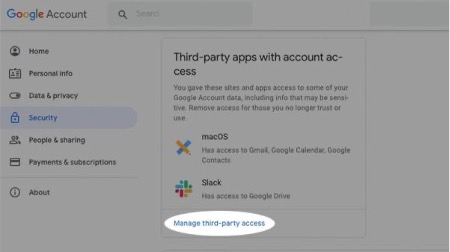 Scroll down to Third-party apps with account access and select Manage third-party access.