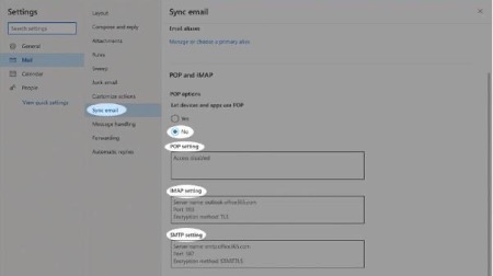 5. Next, select Sync Email in the sub-menu and scroll down to view POP and IMAP.